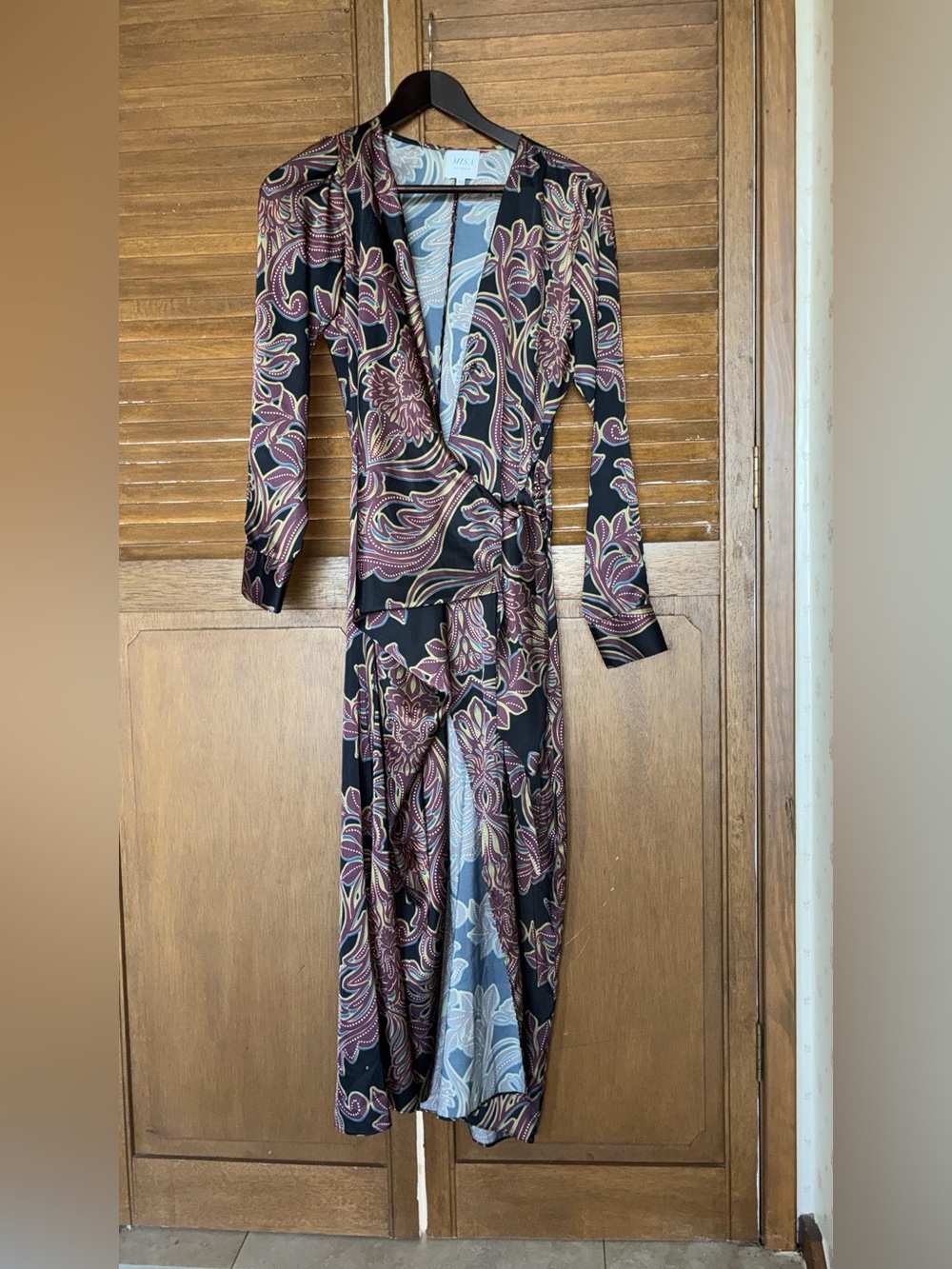 Misa Los Angeles Black Floral Wrap Dress with Plum Accents